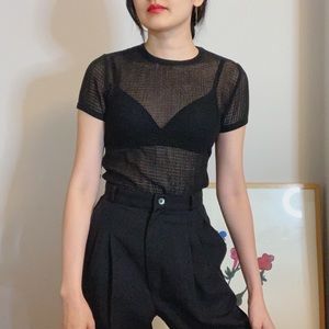 Agnes b. Paris Black Cotton Mesh Fishnet Short Top